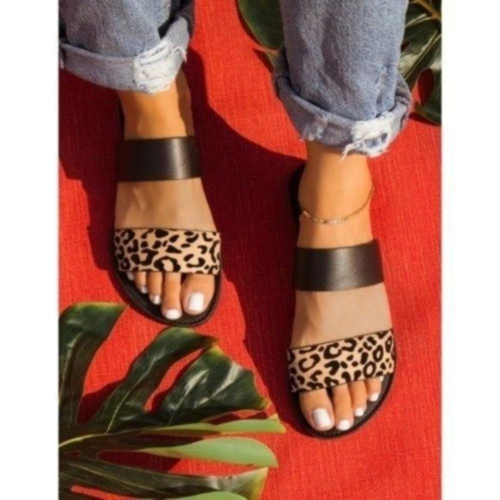 Black leopard double band slip on sandals leather - Picture 3 of 9
